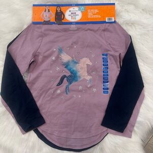 Girls' Long-Sleeve Mauve Tee with Black Sleeves and Pegasus Graphic